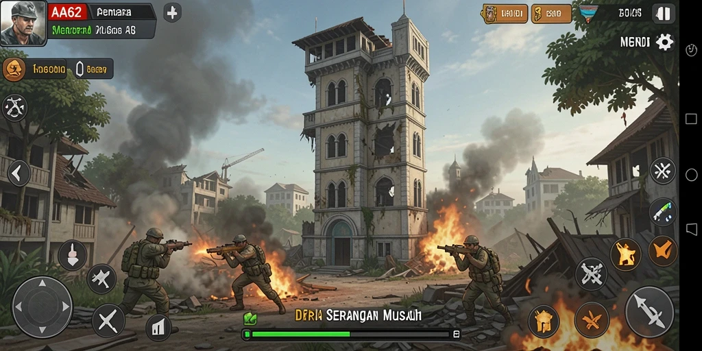 Gameplay AA62 yang intens dalam melindungi menara dari serangan musuh.