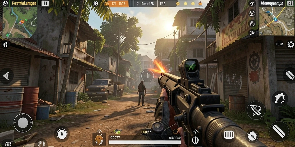 Tampilan gameplay memukau dalam C0077, penuh aksi dan strategi.