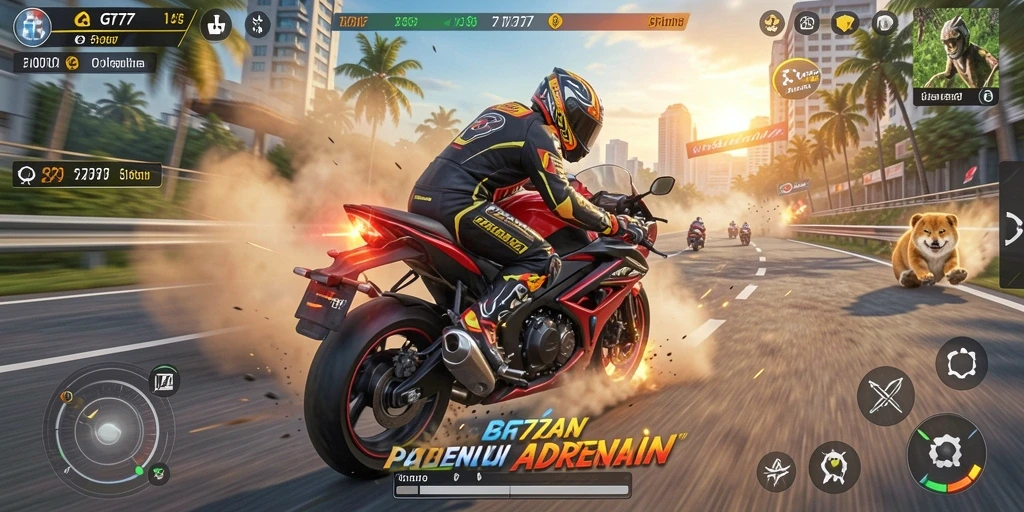 Screenshot GT777 menampilkan aksi balapan motor yang mendebarkan.