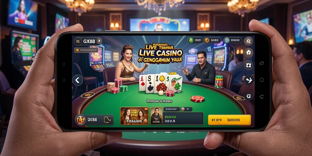 Screenshot GX88 menampilkan dealer langsung dalam aksi di permainan Live Casino.