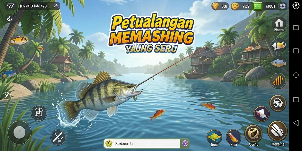 Screenshot ID777 menampilkan pemain yang menangkap ikan di laut yang indah.