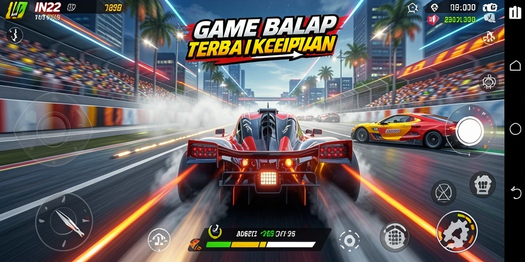 Screenshot IN22 menunjukkan aksi balapan seru dengan mobil berkecepatan tinggi.