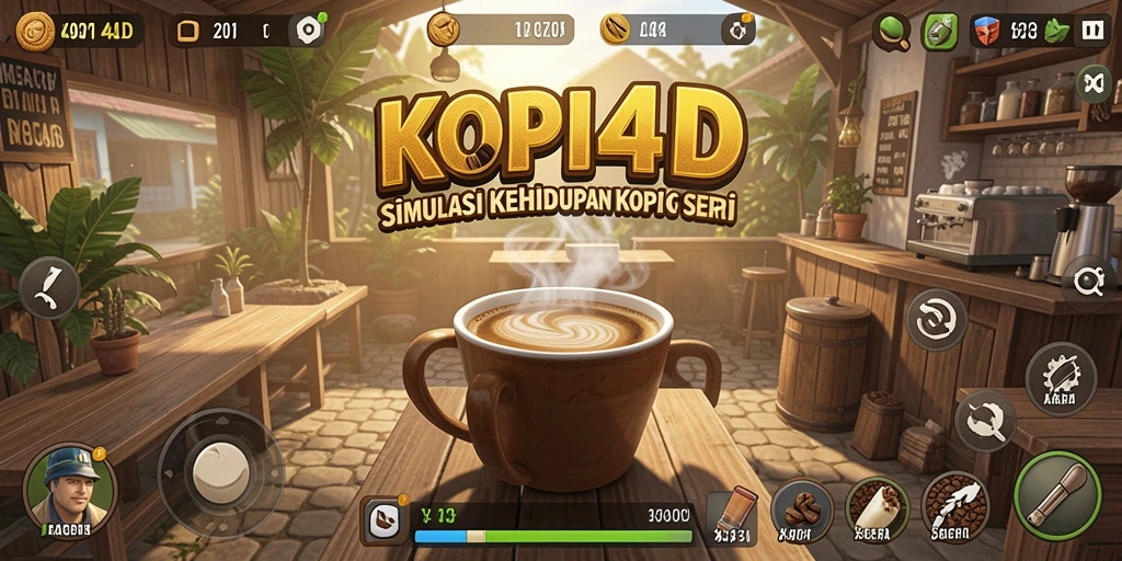 Screenshot KOPI4D menampilkan gameplay simulasi kedai kopi yang menarik.