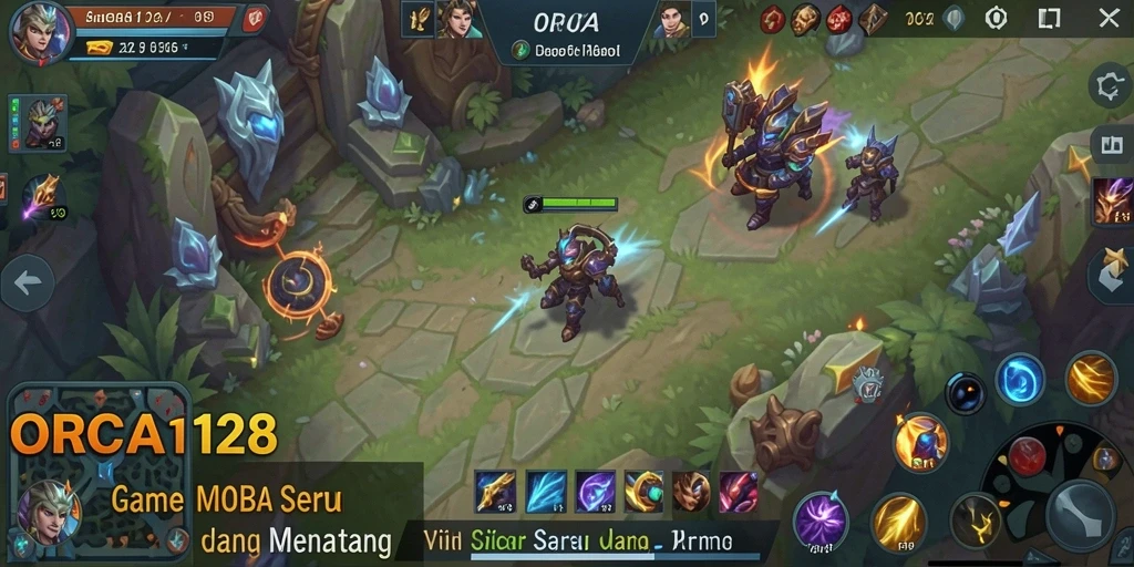 Tangkapan layar gameplay ORCA128 yang menampilkan aksi seru dan strategi MOBA.